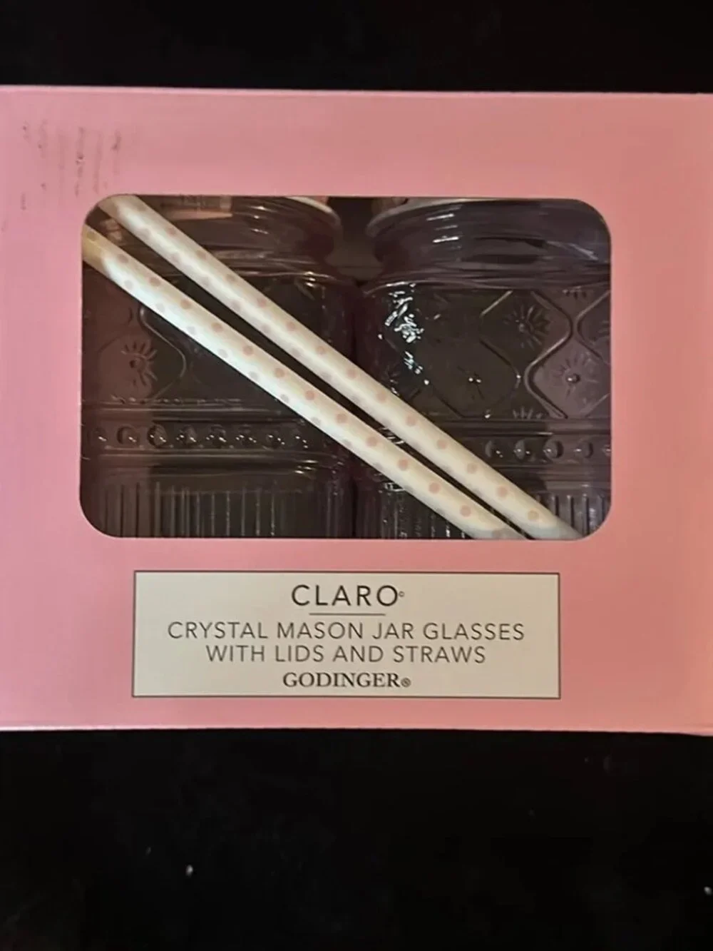 NWT Gorgeous Claro 16 oz Pink Mason‎ Jars w/ Floral Lid and Polka Dot Straw